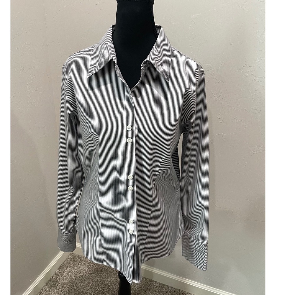 Gold Label Investments Womens Black White Striped Non-Iron Cotton Shirt Size 10